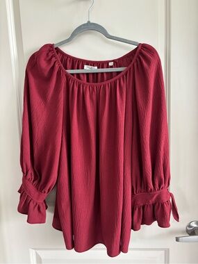 Max Studio Burgundy Peasant Blouse with Ruffle Cuffs